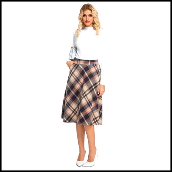 Woolen High Waist A-Line Pleated Midi Skirt with Pockets - Picture 5 of 7